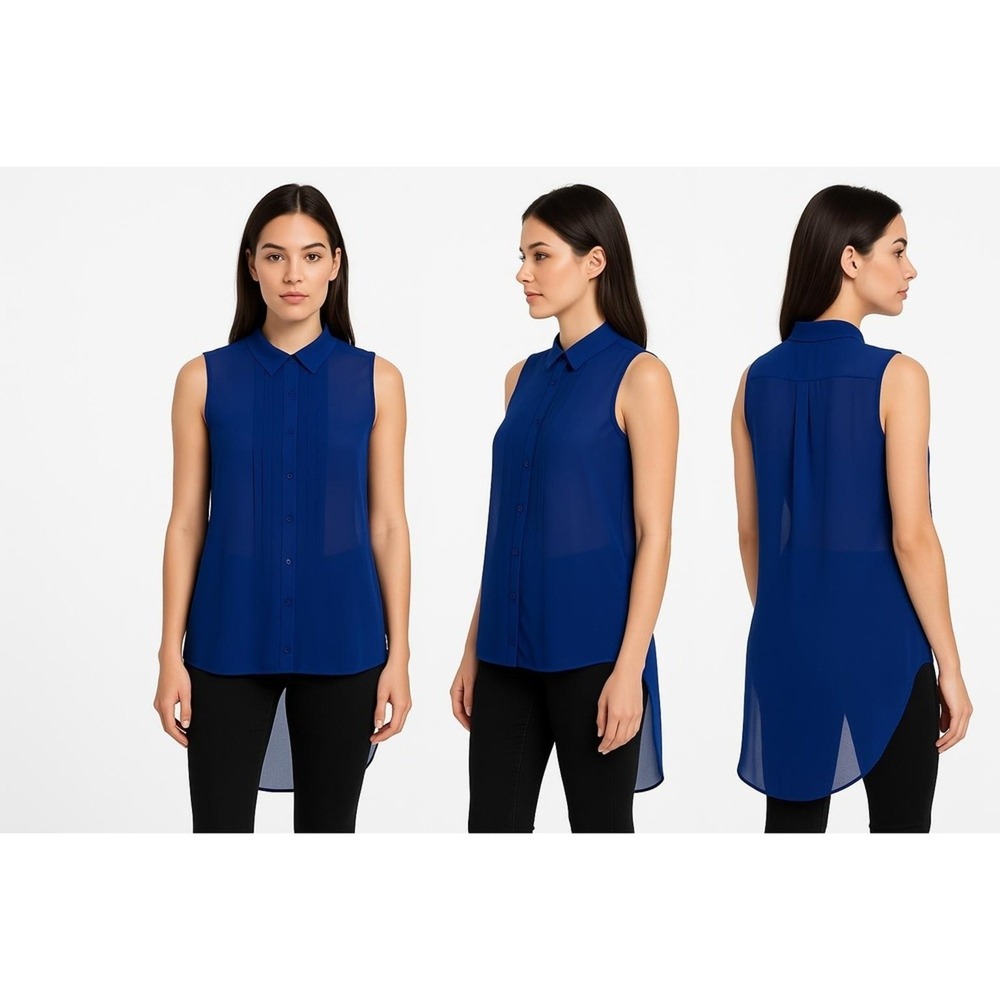 Pleated Front Blue Sheer Sleeveless Tails Top ButtonDown Longer Back Blouse L